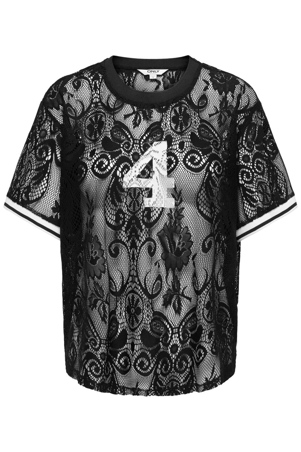 Zwarte dames ONLY top van polyester met effen, korte mouwen, ronde hals en kant