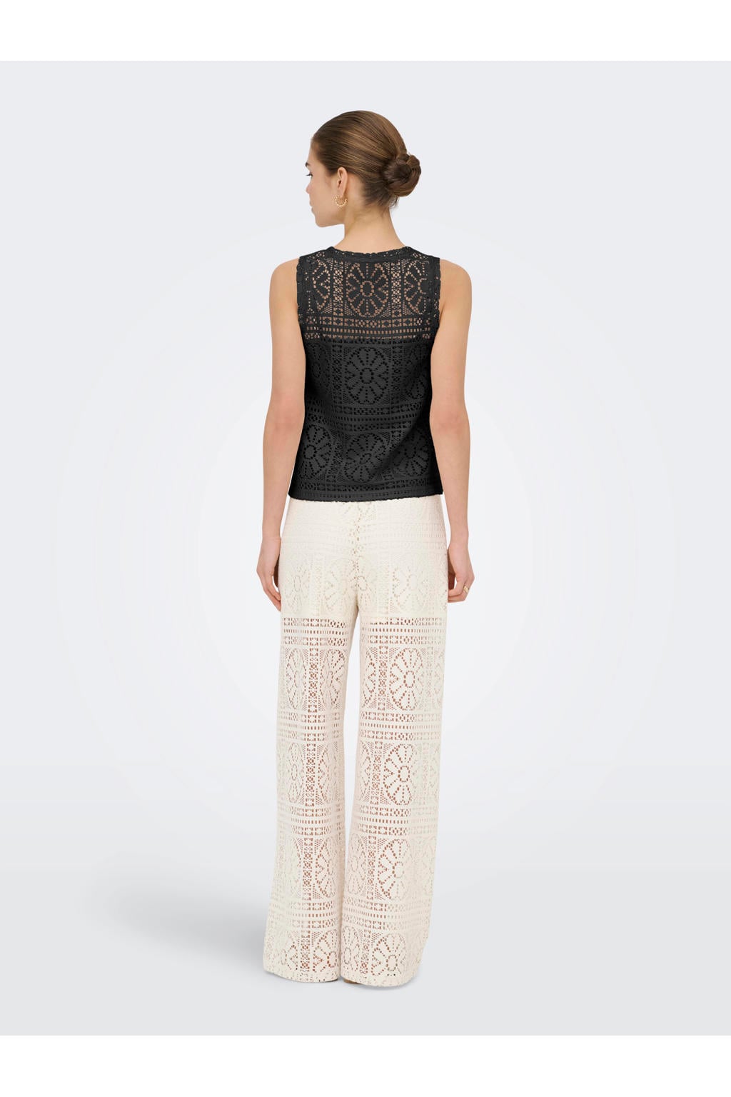 Zwarte dames ONLY gebloemde top broderie van polyester met ronde hals