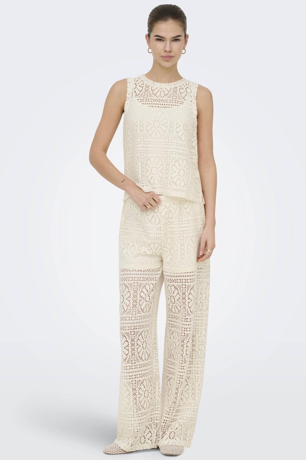 Crème dames ONLY regular waist gebloemde casual broek broderie van polyester met loose fit, elastische tailleband en effen