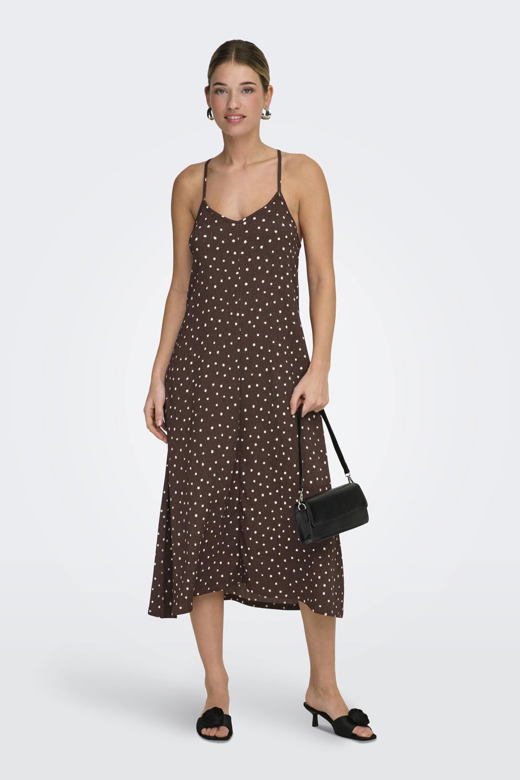 Bruin en ecru dames ONLY zomerjurk van polyester met stippenprint en V-hals
