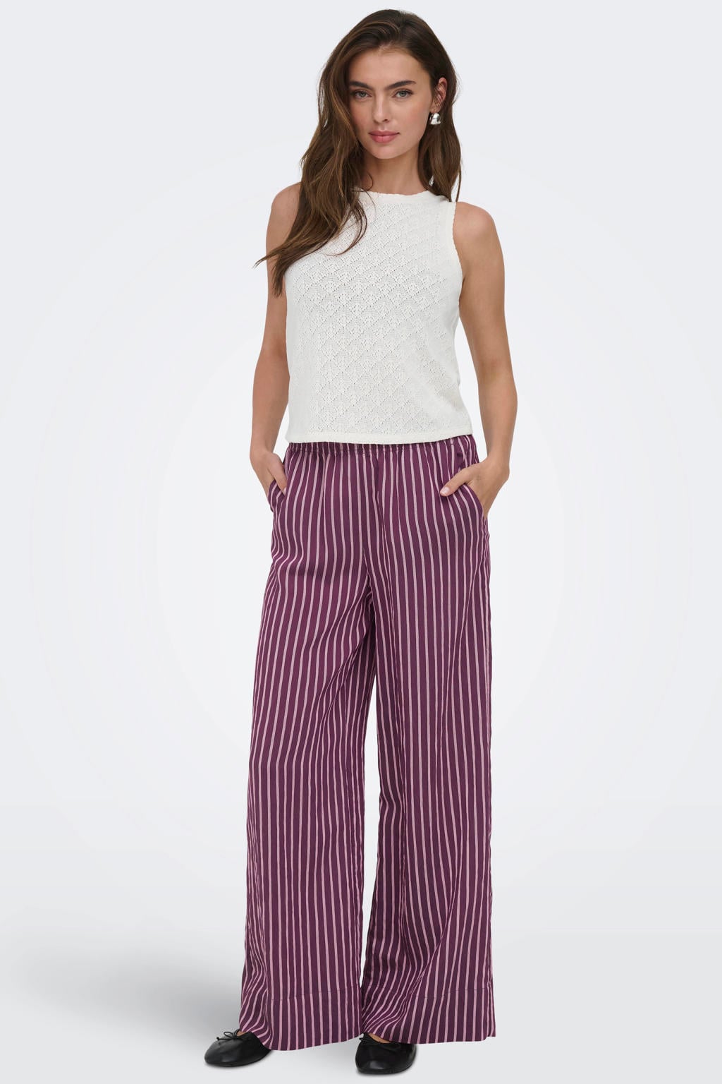 Paars en roze dames ONLY wide leg high waist gestreepte casual broek van katoen