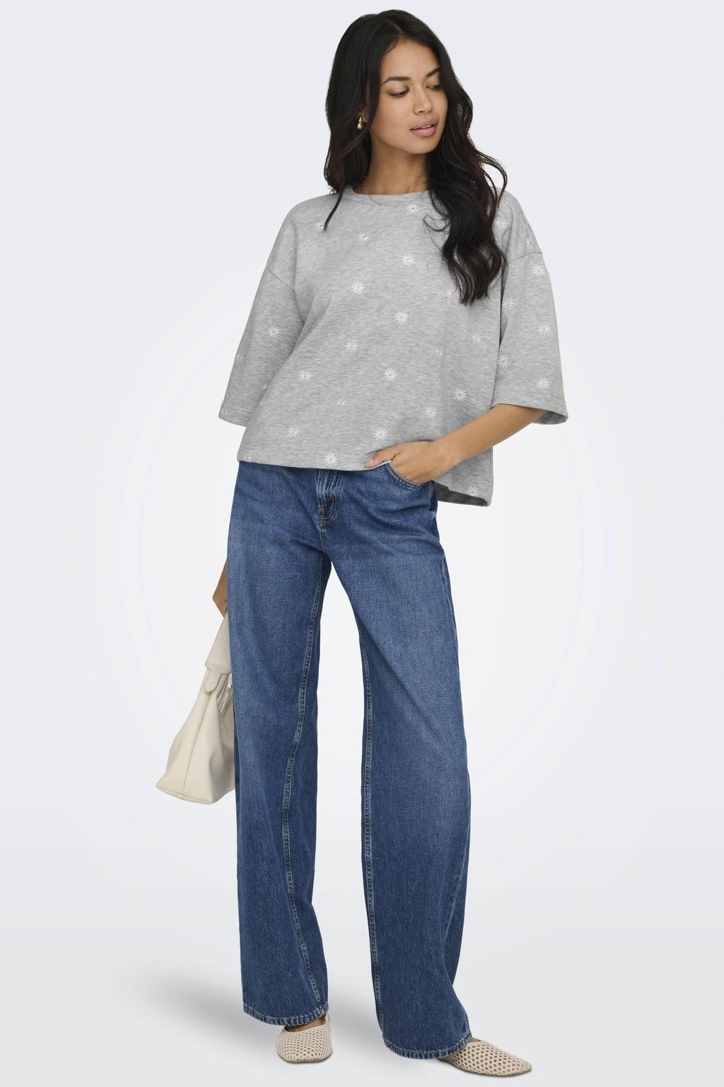 Grijze dames ONLY gebloemde sweater van polyester met lange mouwen en ronde hals