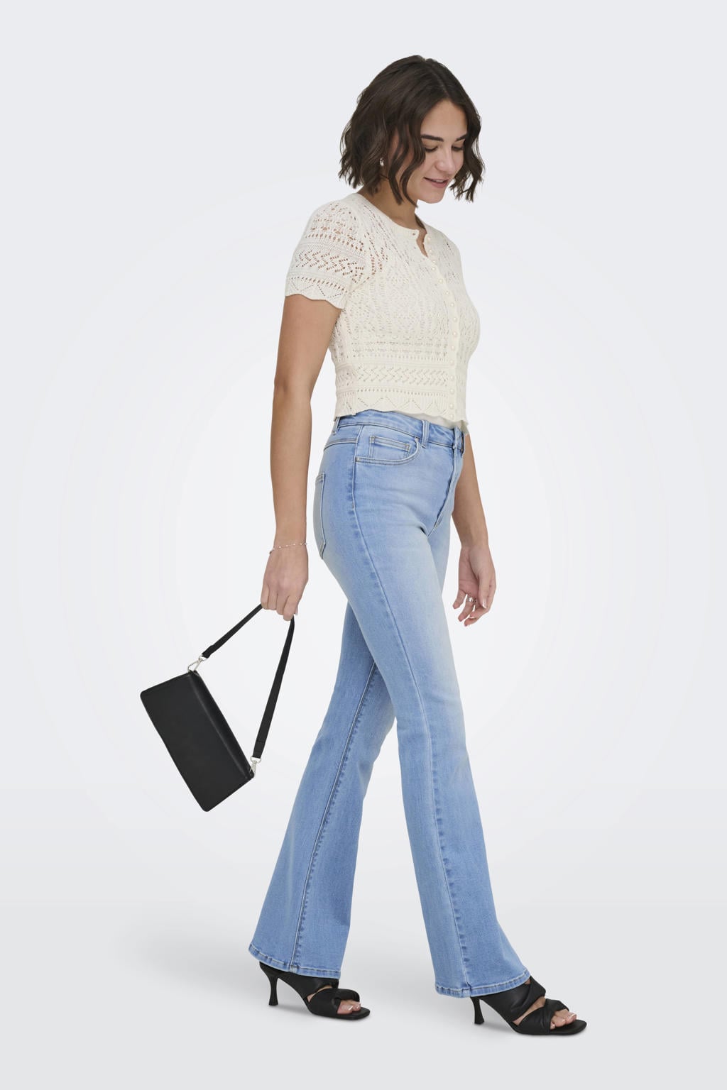 Light blue denim dames ONLY Onlmila High Waist Flared Dnm Sij high waist flared jeans met rits- en knoopsluiting en effen