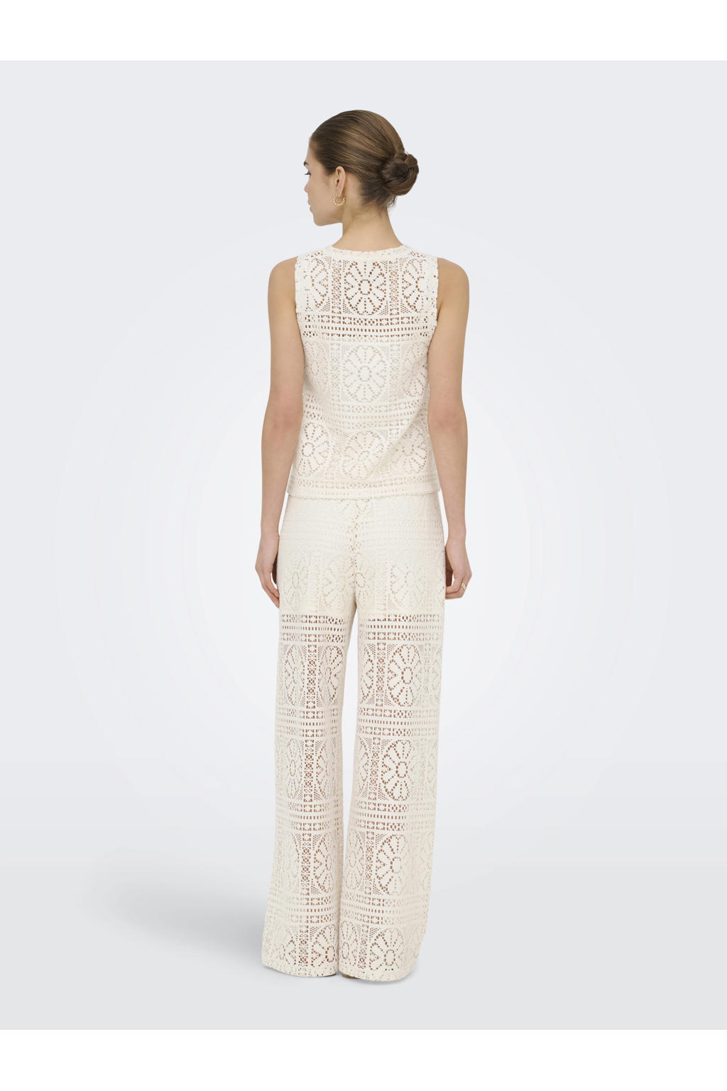Crème dames ONLY gebloemde top crème broderie van polyester met ronde hals
