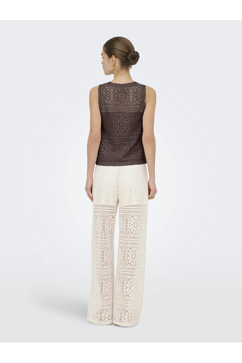 Bruine dames ONLY gebloemde top broderie van polyester met ronde hals