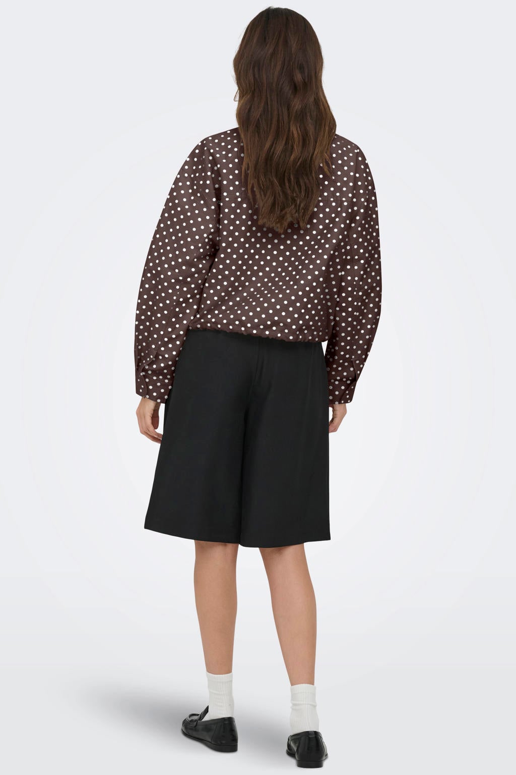 Bruin en ecru dames ONLY jack van katoen met stippenprint, lange mouwen en col