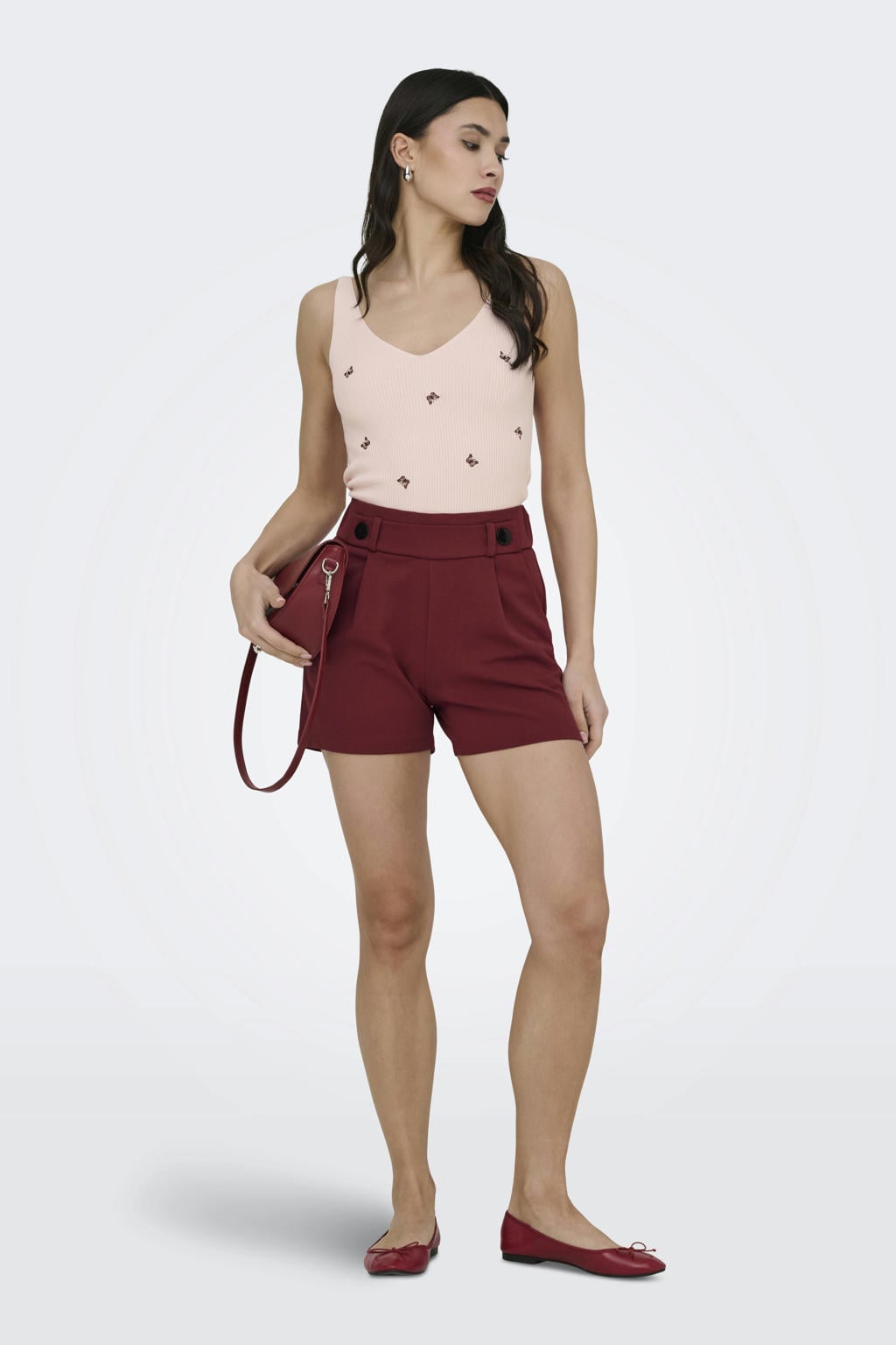 Donkerrode dames JDY regular waist casual short van polyester met elastische inzet en effen