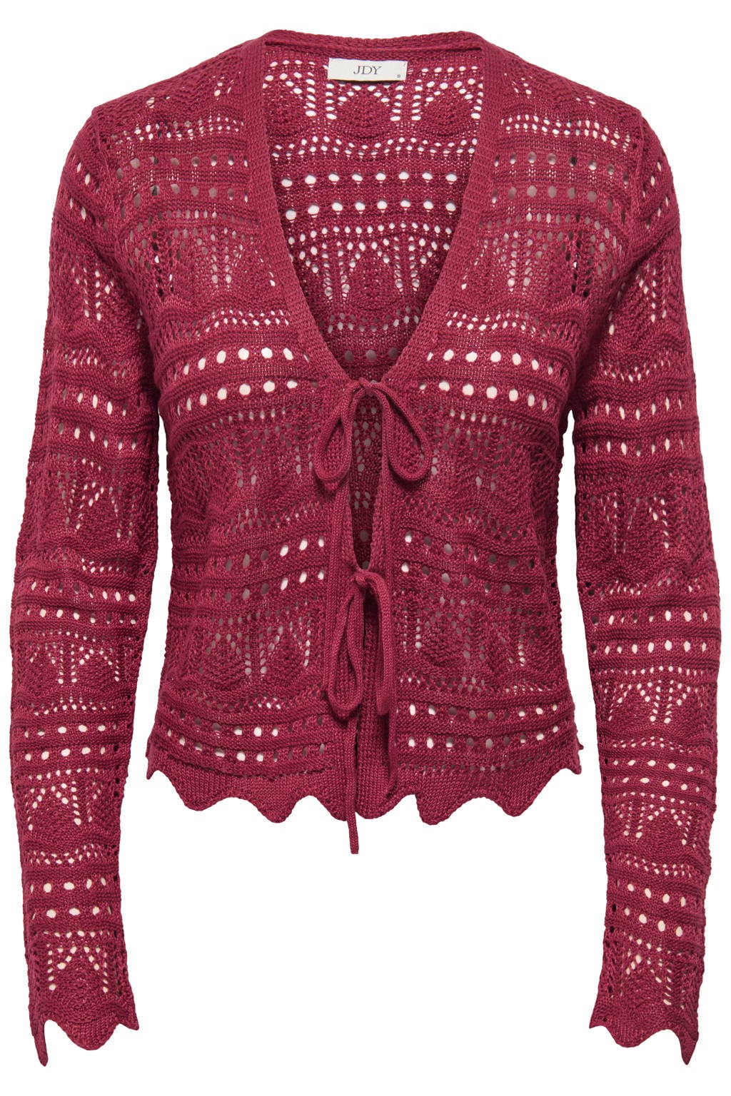 Donkerrode dames JDY vest fijn gebreid van acryl met effen, lange mouwen, V-hals en ajour details