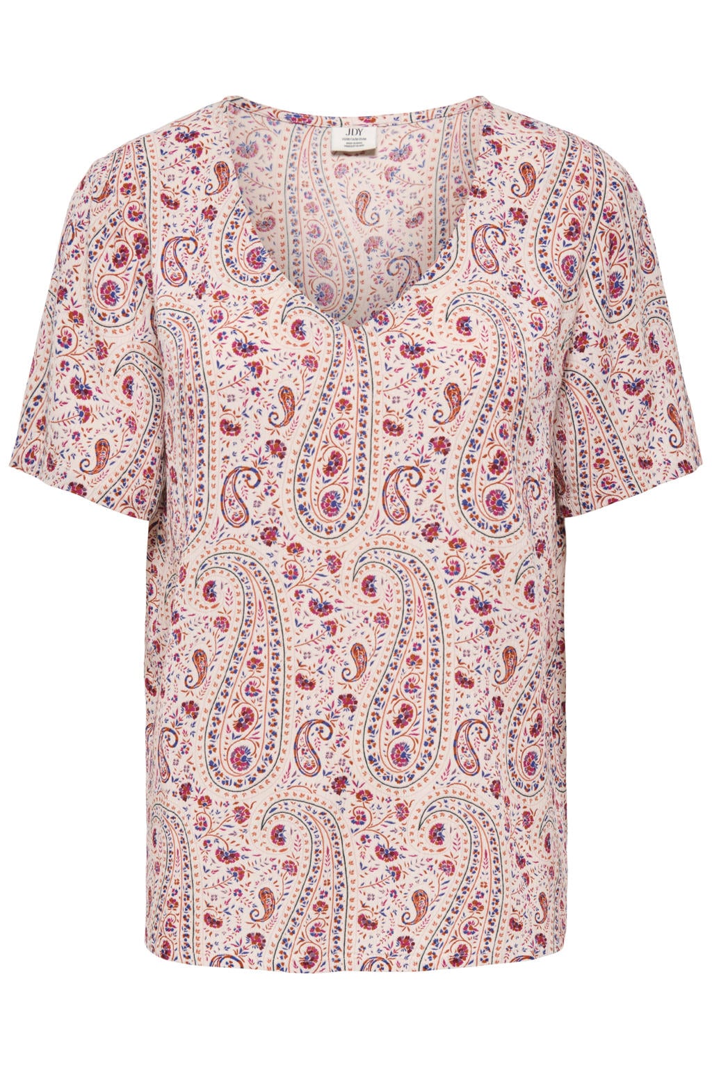 Ecru en multikleurige dames JDY top print van textileen met paisley print, korte mouwen, V-hals en geweven detail