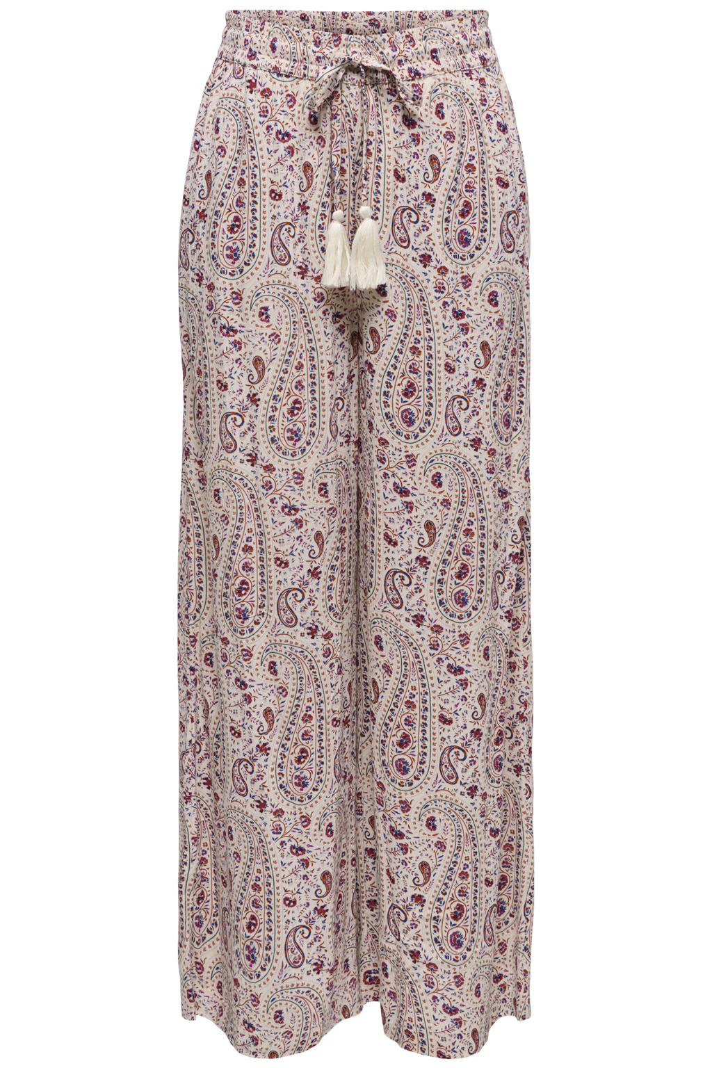 Ecru en rode dames JDY wide leg high waist casual broek van viscose met elastische tailleband met koord