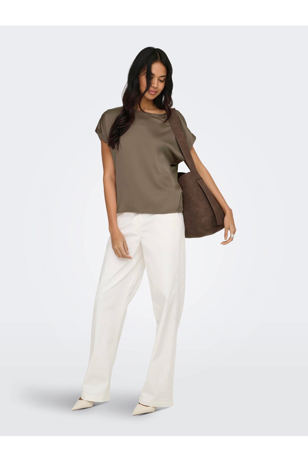 Kakikleurige dames ONLY Top van polyester met effen, korte mouwen, ronde hals en omslagdetail
