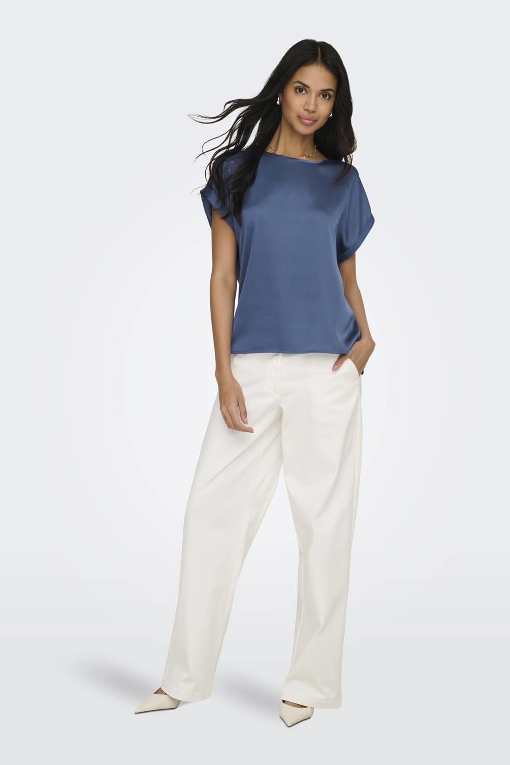 Blauwe dames ONLY T-shirt van polyester met effen, korte mouwen, ronde hals en omslagdetail