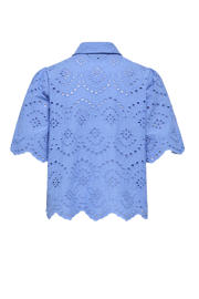 thumbnail: Blauwe dames ONLY blouse van katoen met effen, korte mouwen, klassieke kraag, knoopsluiting en broderie