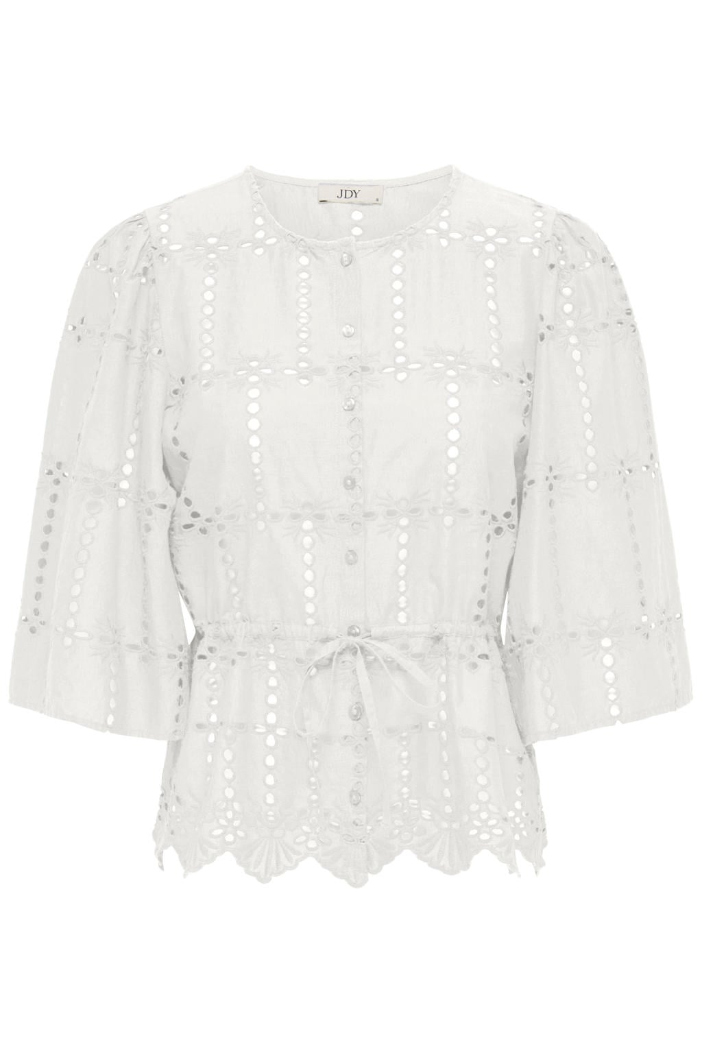 Ecru dames JDY blouse broderie van katoen met effen, driekwart mouwen, ronde hals en knoopsluiting