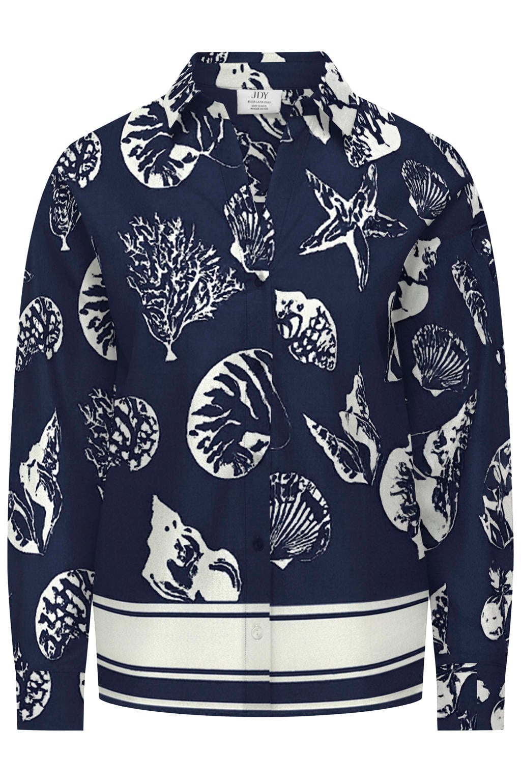 Donkerblauw en ecru dames JDY blouse van katoen met lange mouwen, reverskraag, knoopsluiting en geweven detail