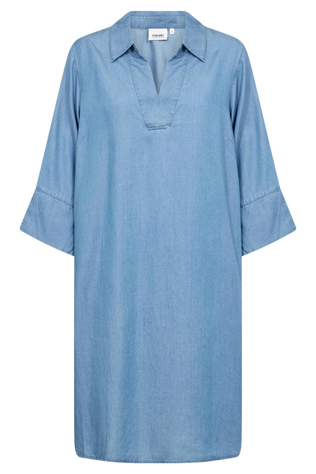 Blauwe dames Wasabiconcept zomerjurk van lyocell met effen, driekwart mouwen en V-hals
