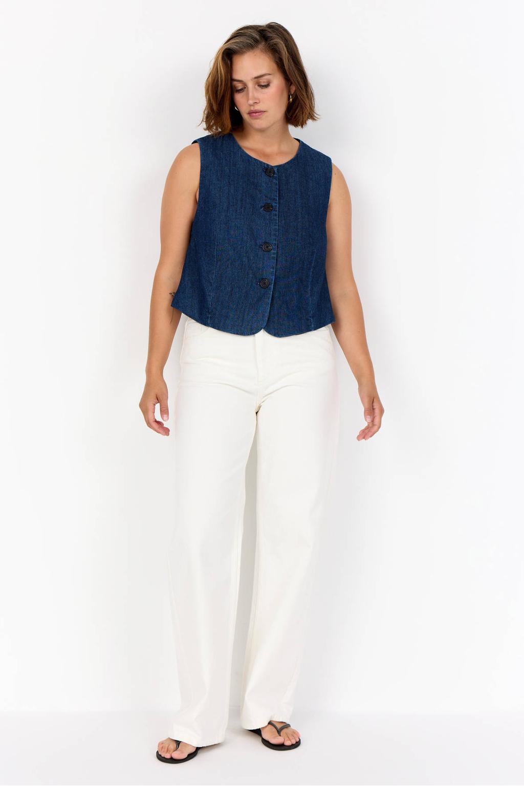 Dark blue denim dames Wasabiconcept gilet dark blue van denim met effen, ronde hals en knoopsluiting