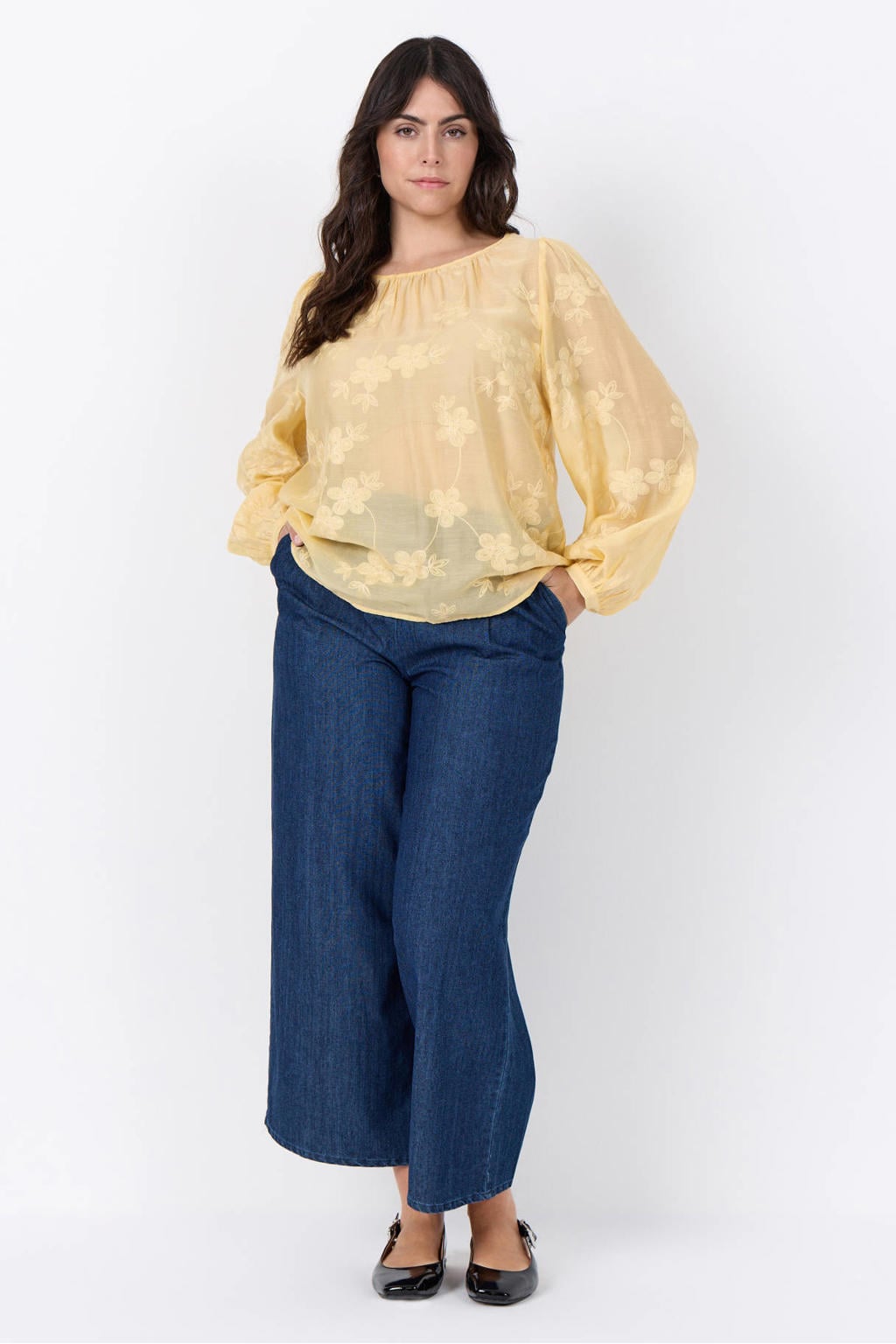 Gele dames Wasabiconcept gebloemde blousetop van viscose met lange mouwen, ronde hals en semi-transparante details