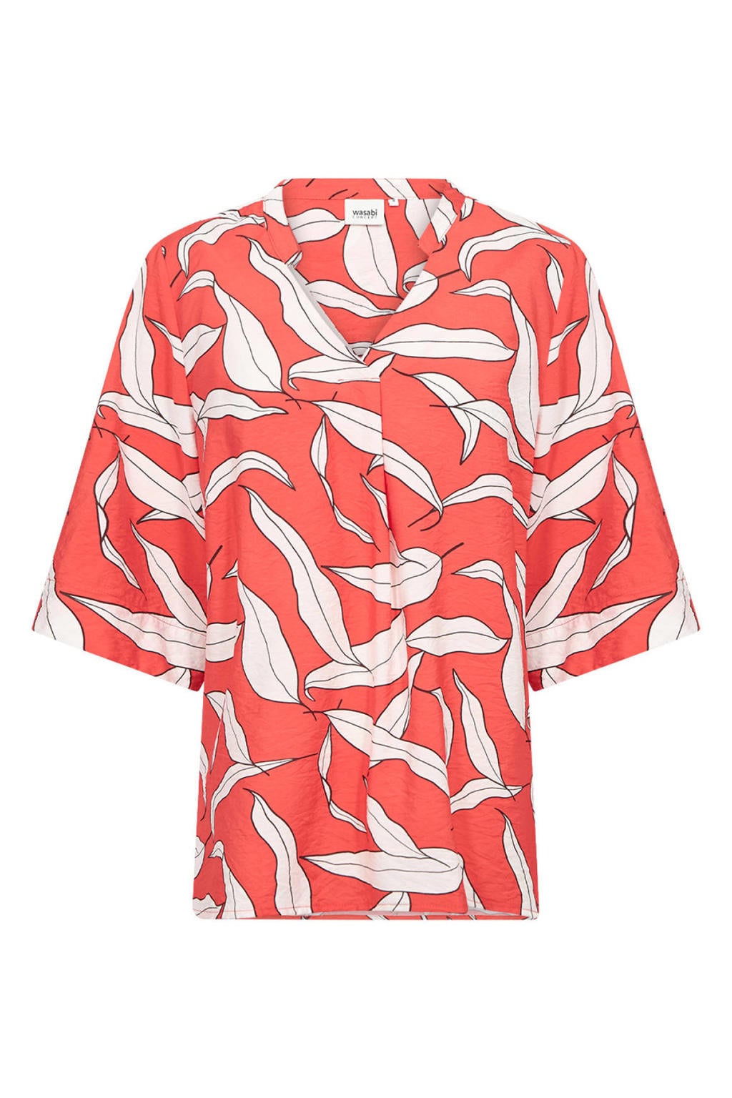 Koraalrood en witte dames Wasabiconcept blousetop van viscose met half lange mouwen en V-hals