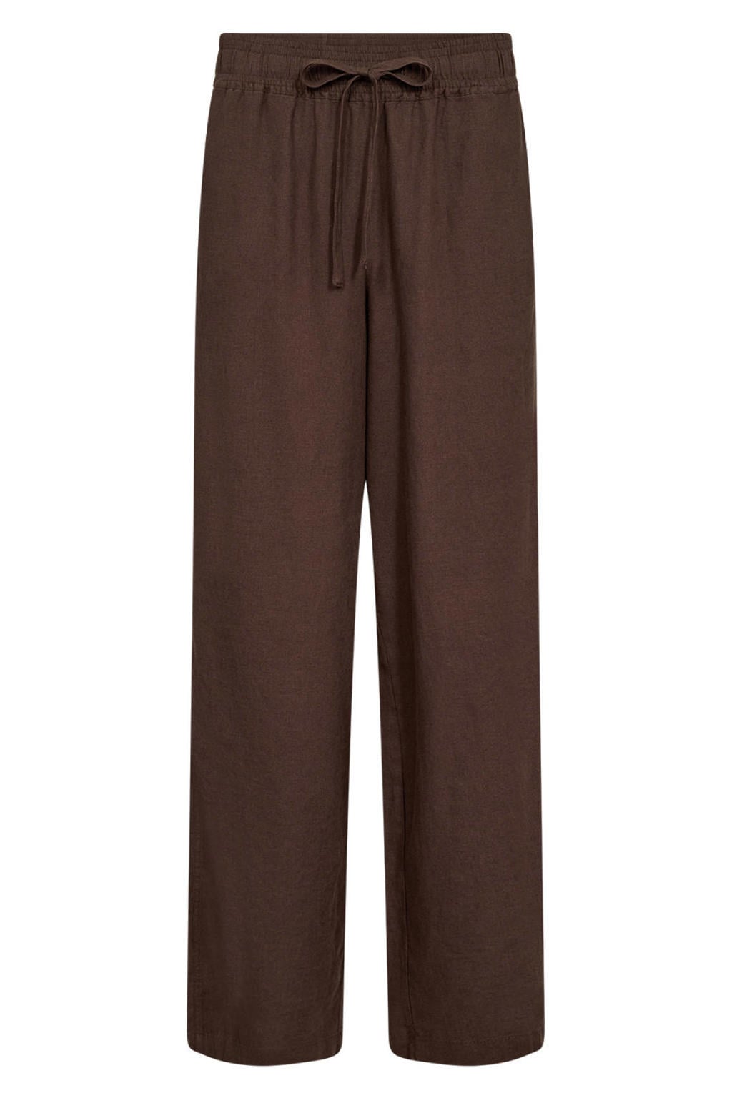 Donkerblauwe dames Wasabiconcept regular high waist broek van linnen met elastische tailleband met koord en effen