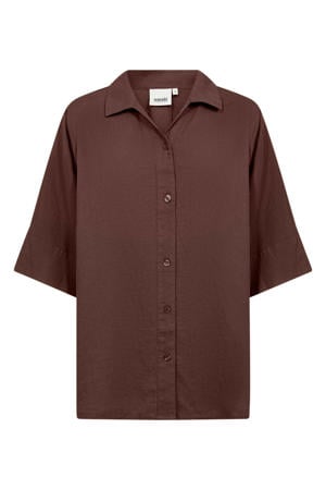 blouse met linnen donkerbruin