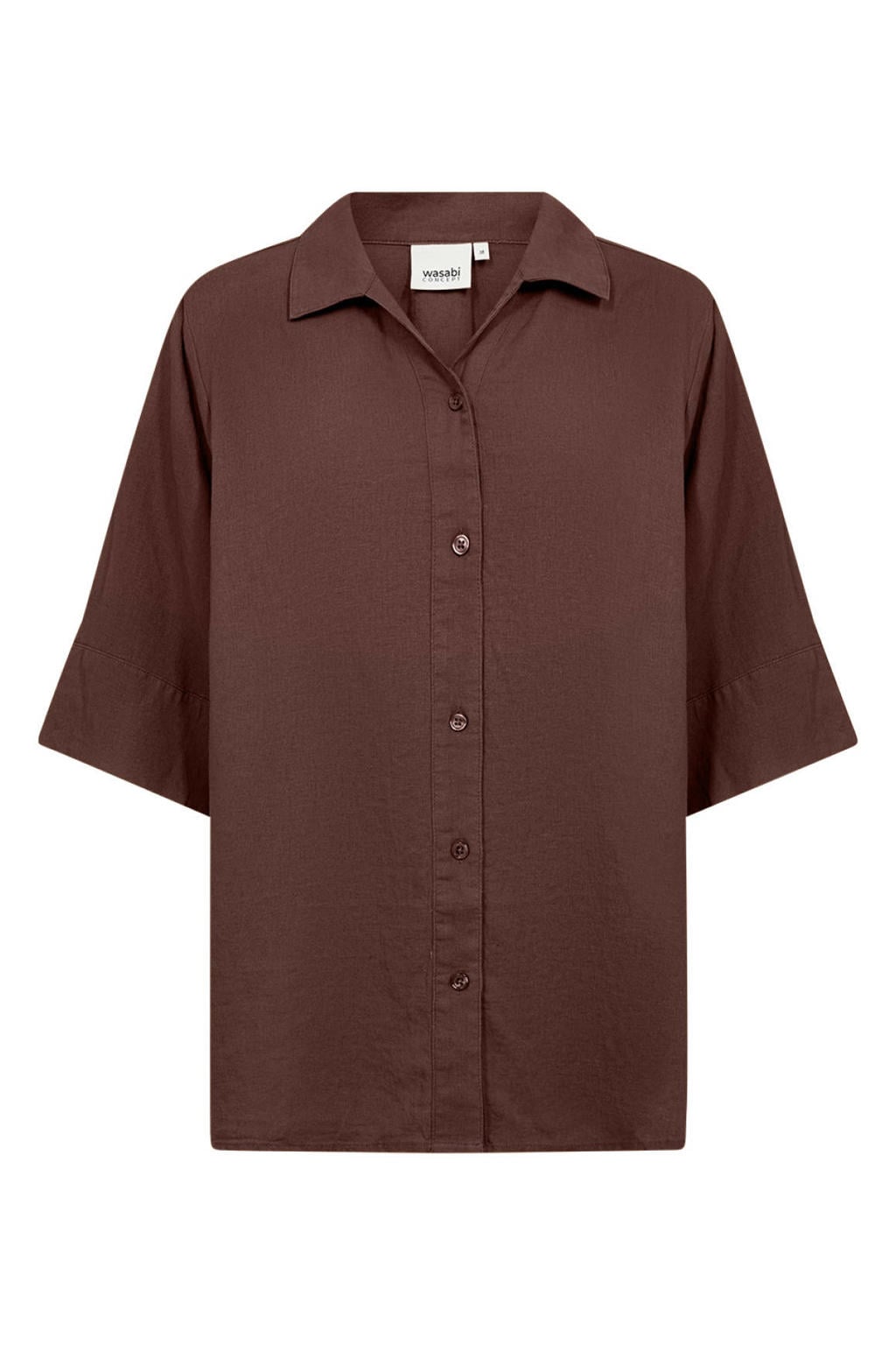 Donkerblauwe dames Wasabiconcept blouse van linnen met effen, half lange mouwen, klassieke kraag en knoopsluiting