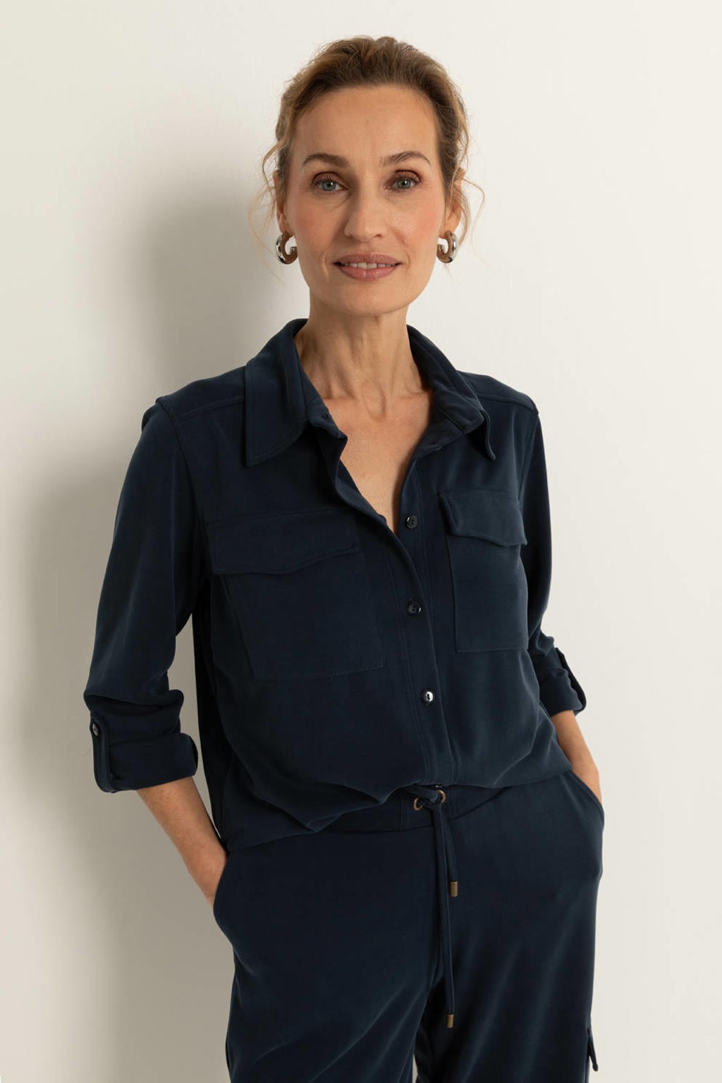 Donkerblauwe dames Claudia Sträter blouse van modal met effen, lange mouwen, klassieke kraag en knoopsluiting