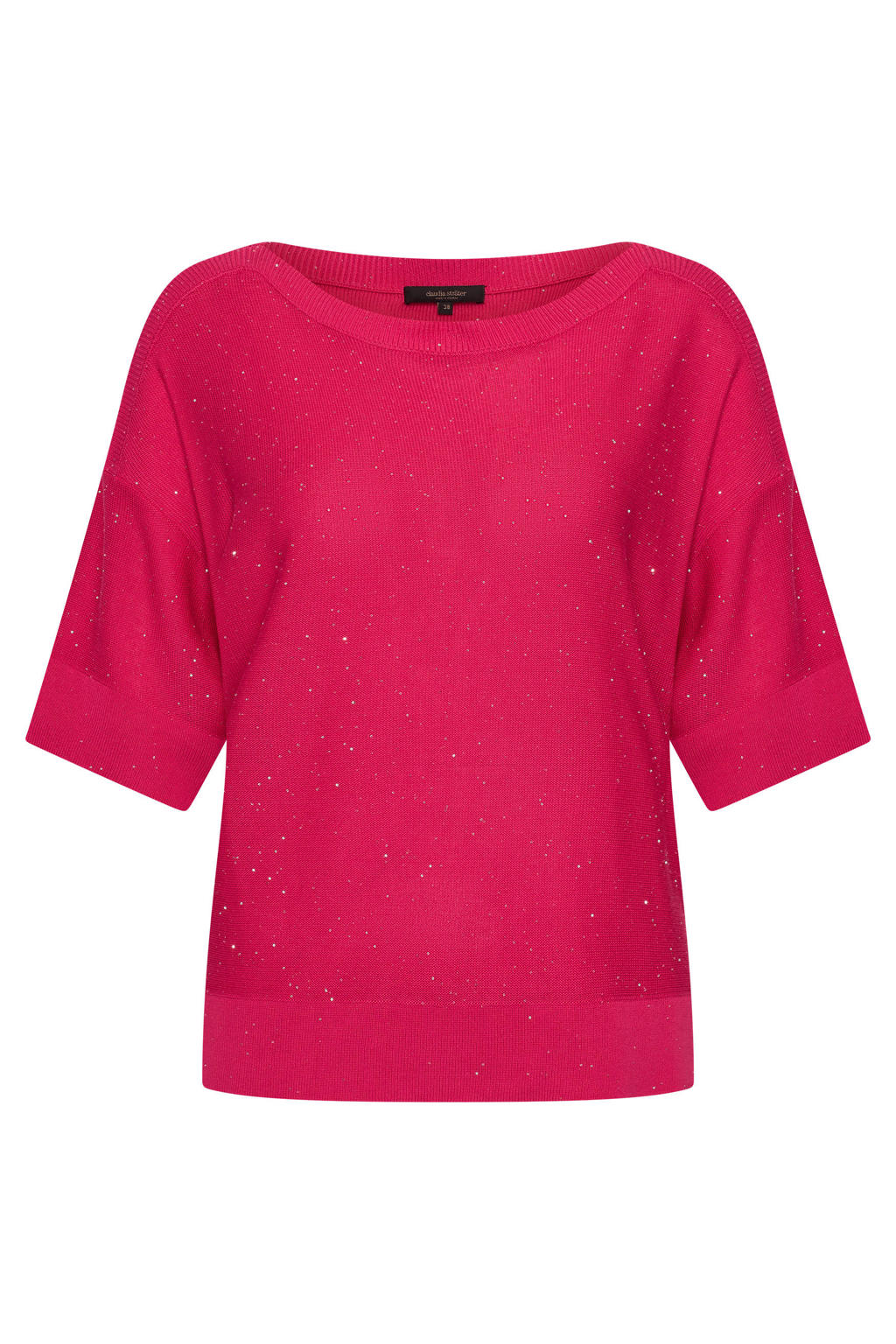 Roze dames Claudia Sträter pullover fijn gebreid van viscose met effen, driekwart mouwen en ronde hals