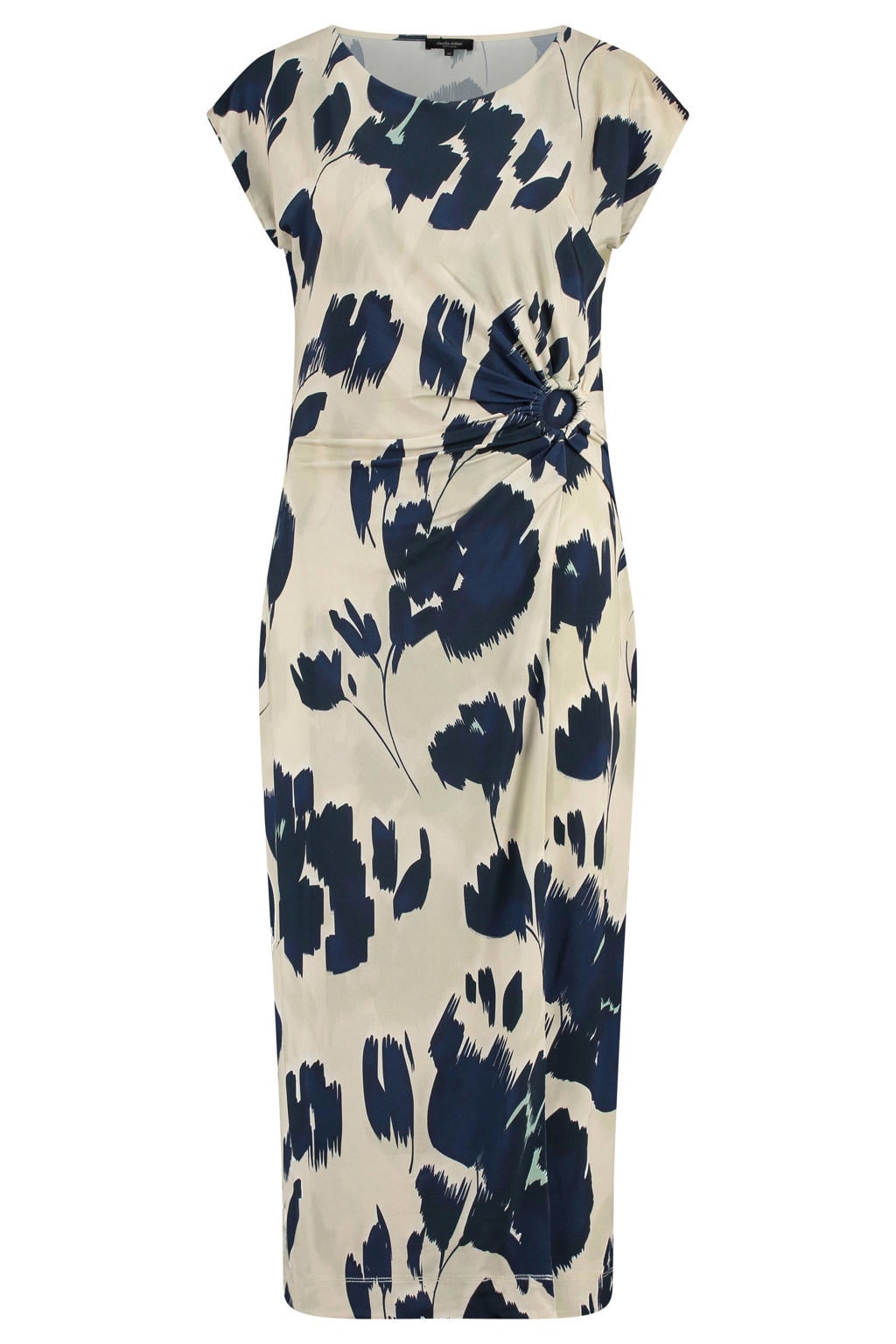 Donkerblauwe dames Claudia Sträter gebloemde zomerjurk jersey van viscose met korte mouwen en ronde hals