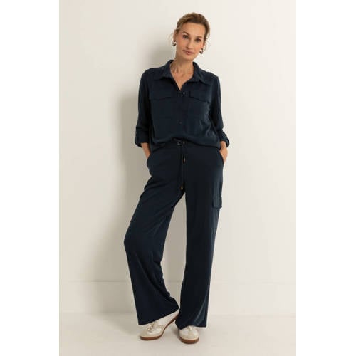 Claudia Sträter straight high waist cargobroek donkerblauw gebreid afbeelding
