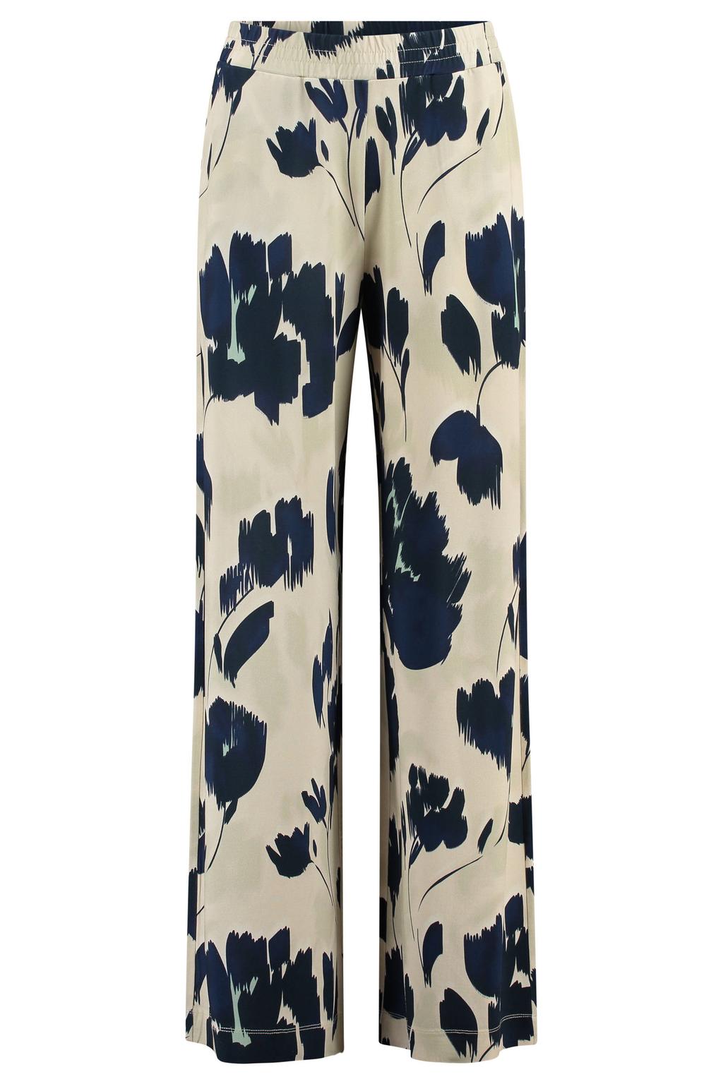 Donkerblauwe dames Claudia Sträter wide leg high waist gebloemde casual broek van viscose