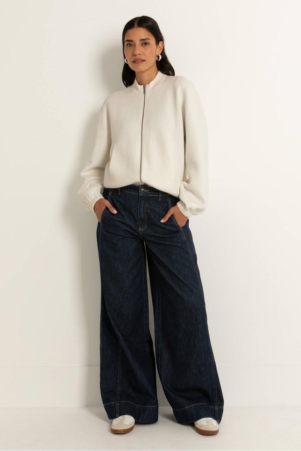 Dark blue denim dames Claudia Sträter high waist wide leg jeans dark blue van denim met rits- en knoopsluiting en effen