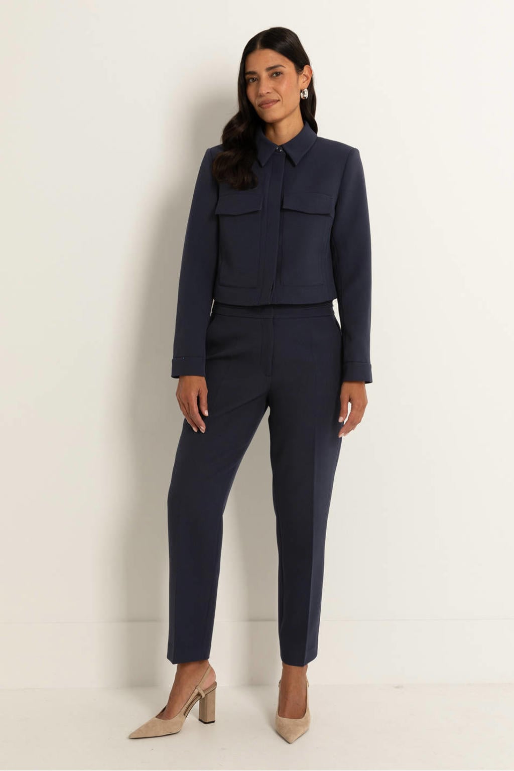 Donkerblauwe dames Claudia Sträter straight high waist pantalon van polyester met rits, haak- en knoopsluiting en effen
