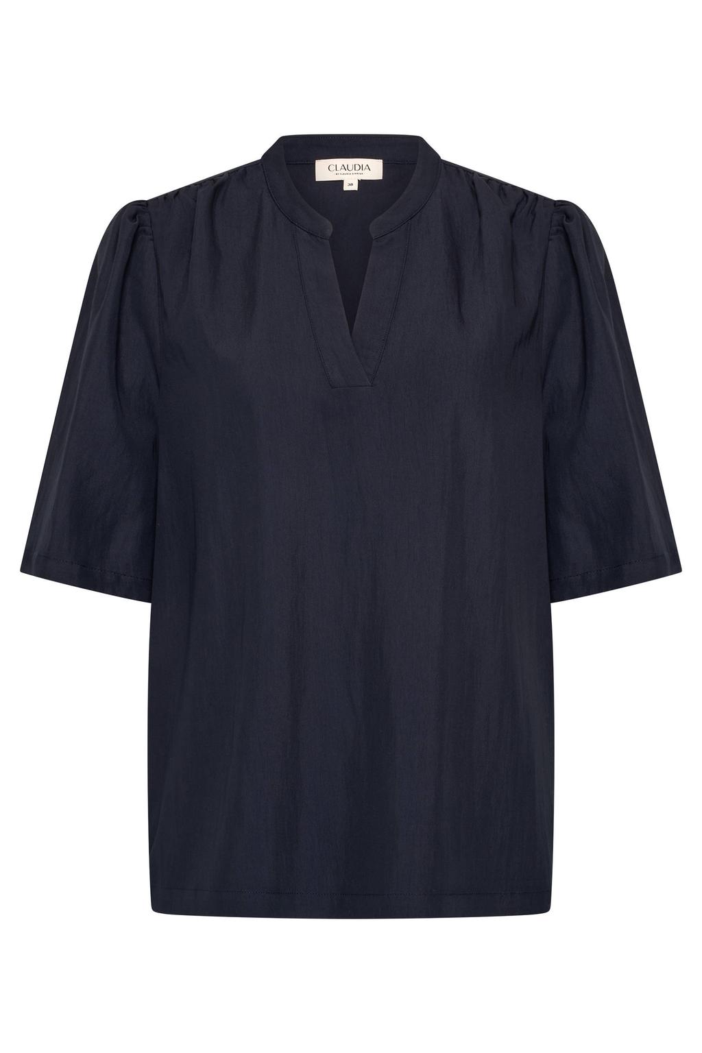 Donkerblauwe dames CLAUDIA BY CLAUDIA STRÄTER blouse van viscose met effen, korte mouwen en V-hals