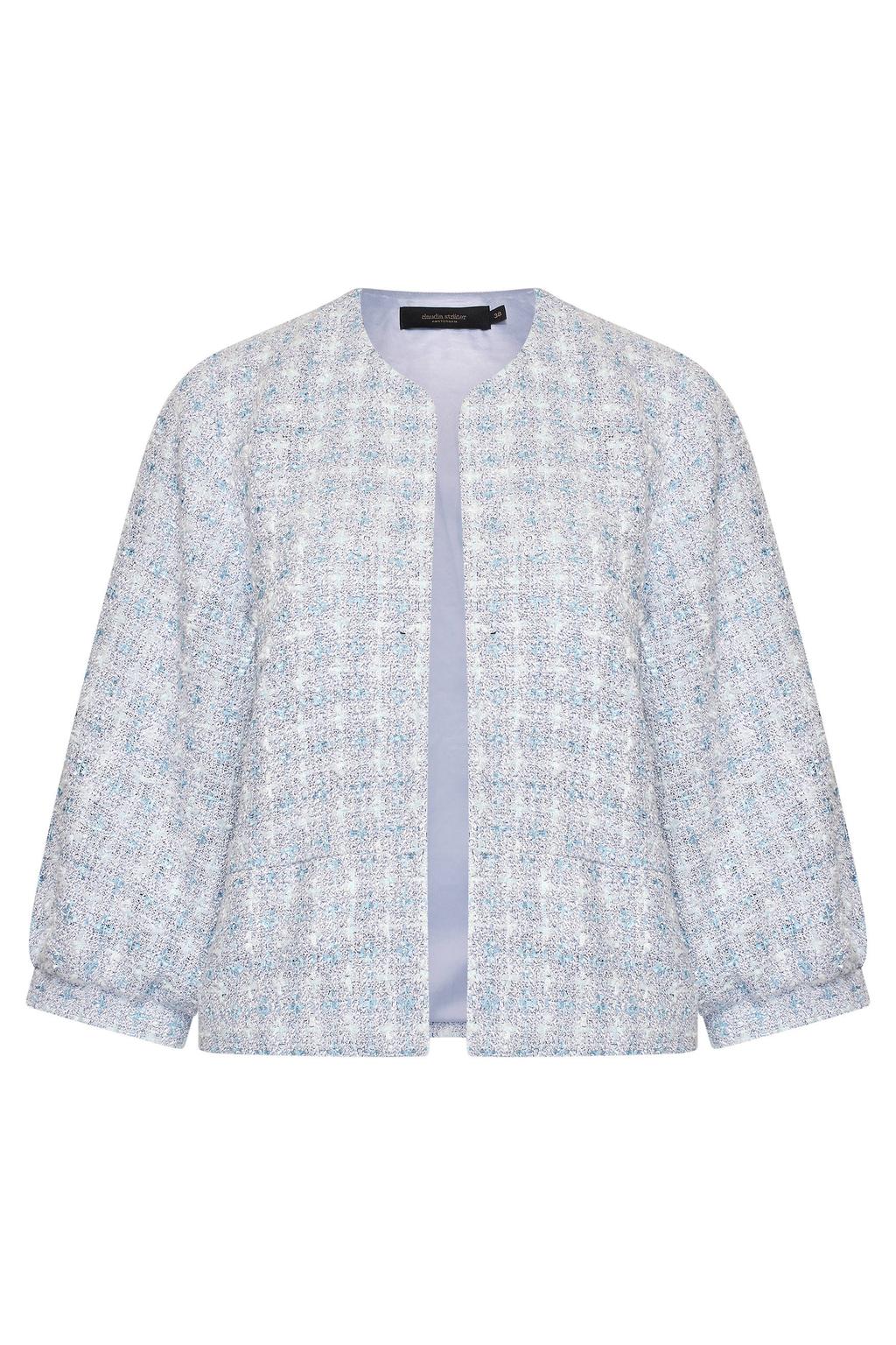 Lichtblauw en ecru dames Claudia Sträter geruit jasje van polyester met lange mouwen, ronde hals en geweven detail