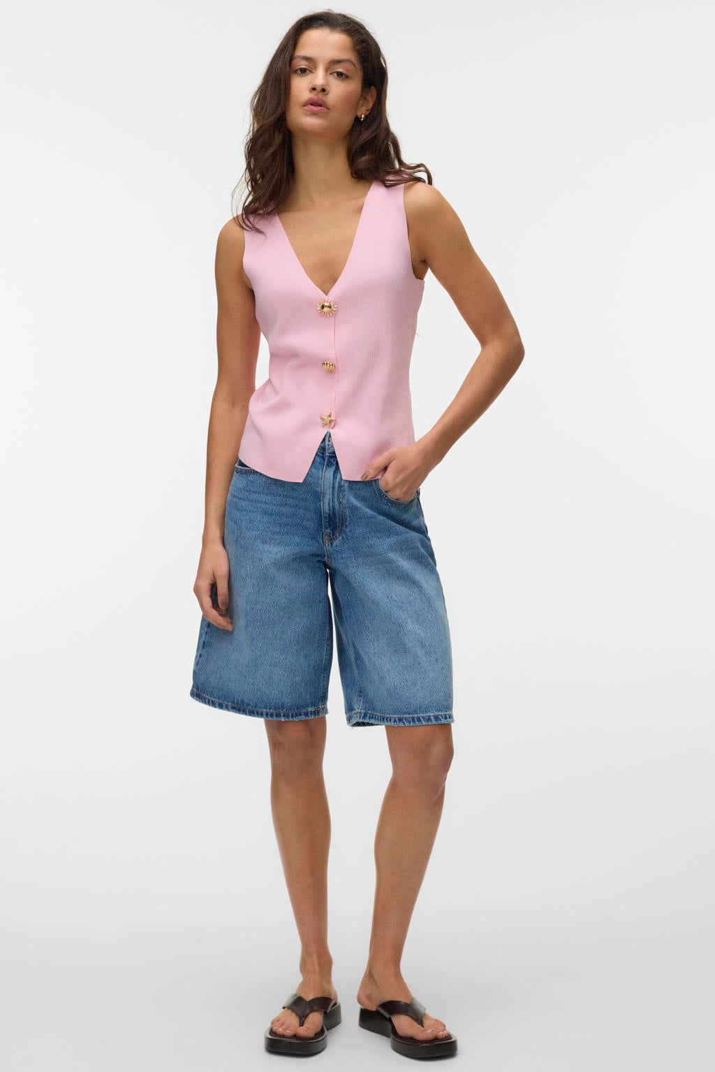 Lichtroze dames VERO MODA top fijn gebreid van polyester met effen en V-hals