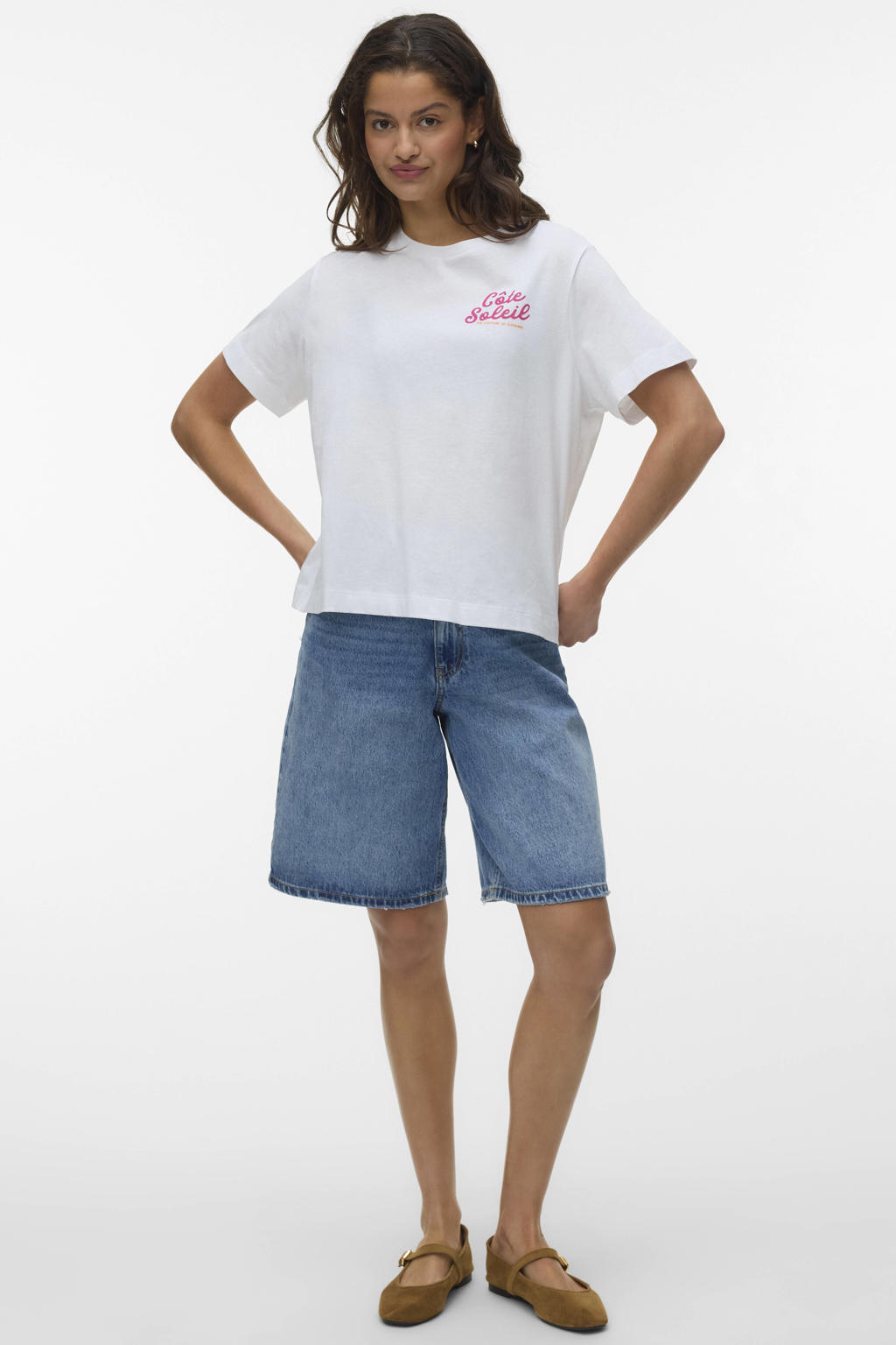 Wit, roze en oranje dames VERO MODA T-shirt van katoen met backprint, korte mouwen en ronde hals