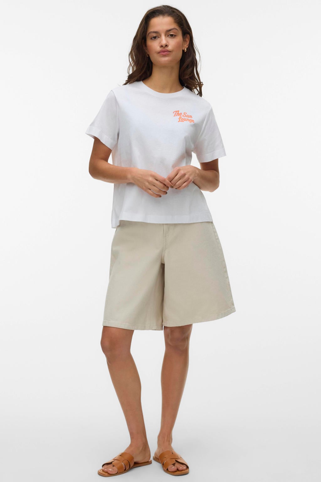 Wit, roze en oranje dames VERO MODA T-shirt van katoen met backprint, korte mouwen en ronde hals