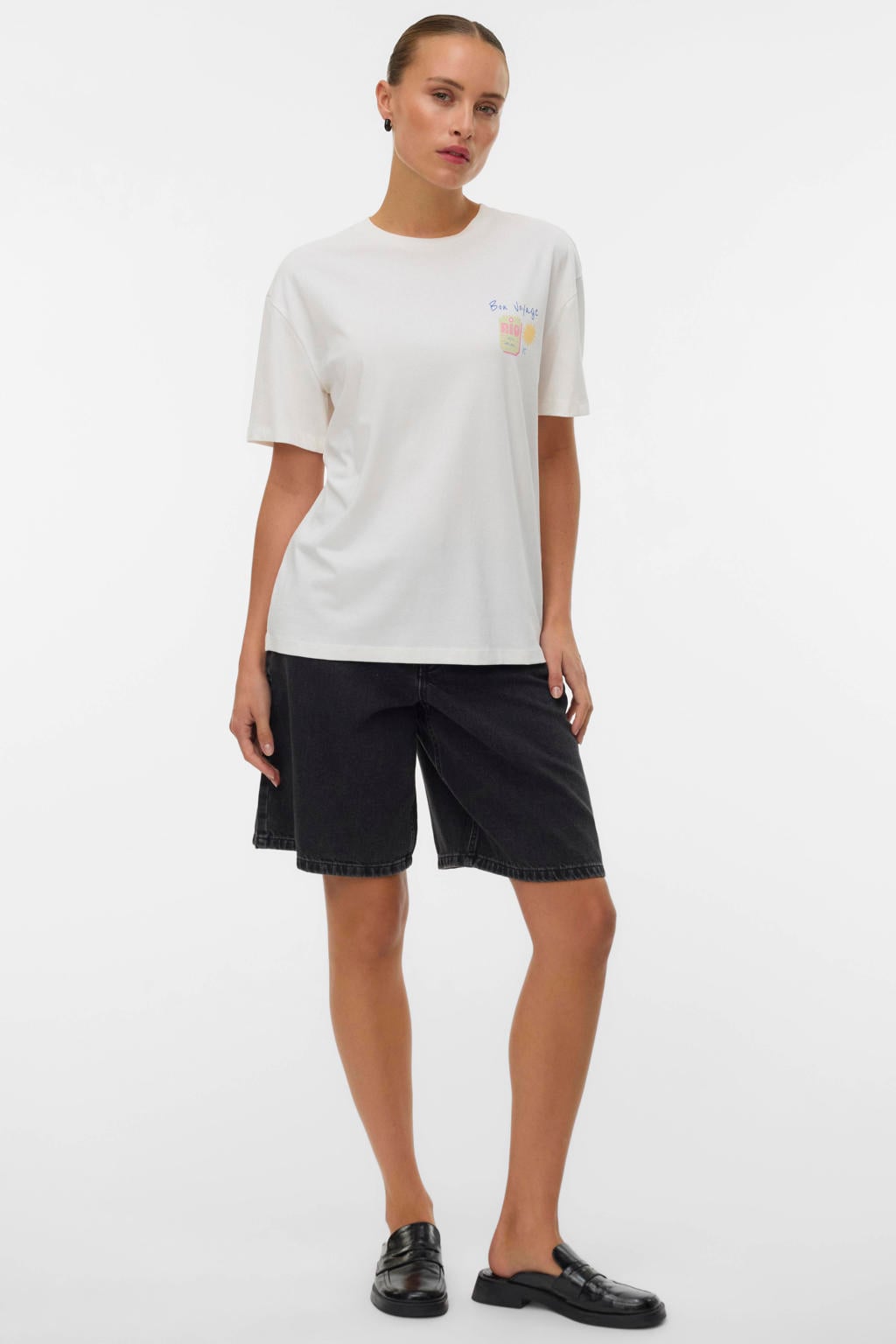 Wit en multikleurige dames VERO MODA T-shirt van katoen met printopdruk, korte mouwen en ronde hals