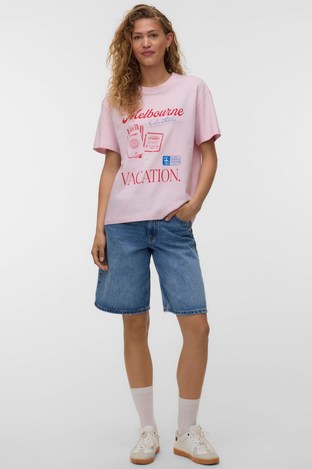 Lichtroze dames VERO MODA T-shirt van katoen met printopdruk, korte mouwen en ronde hals