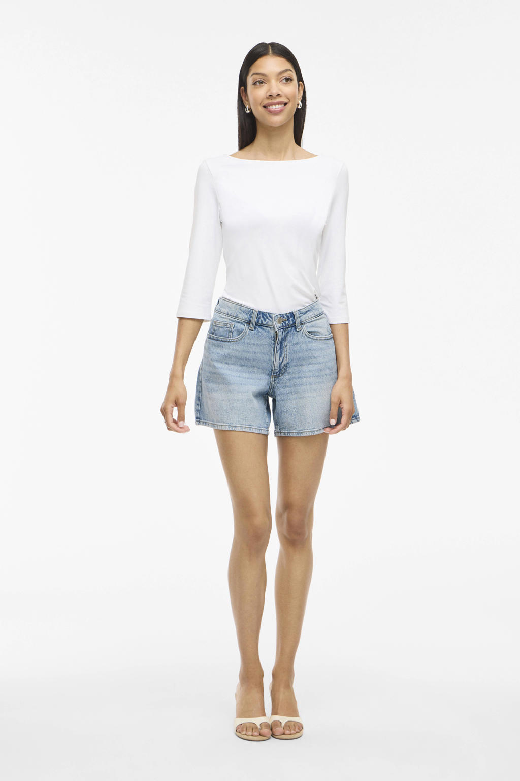 Light blue denim dames VILA regular waist short van katoen met knoopsluiting en effen
