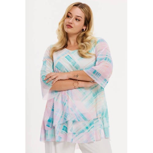 YOEK mesh geruit tuniek multi afbeelding