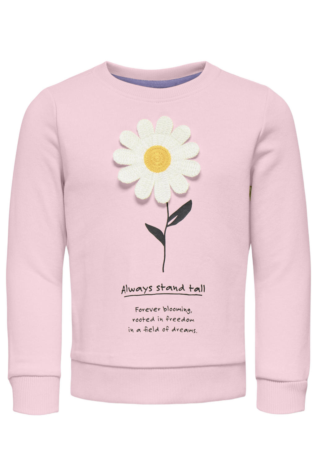 Lichtroze meisjes KIDS ONLY MINI sweater met printopdruk, lange mouwen, ronde hals en geribde boorden