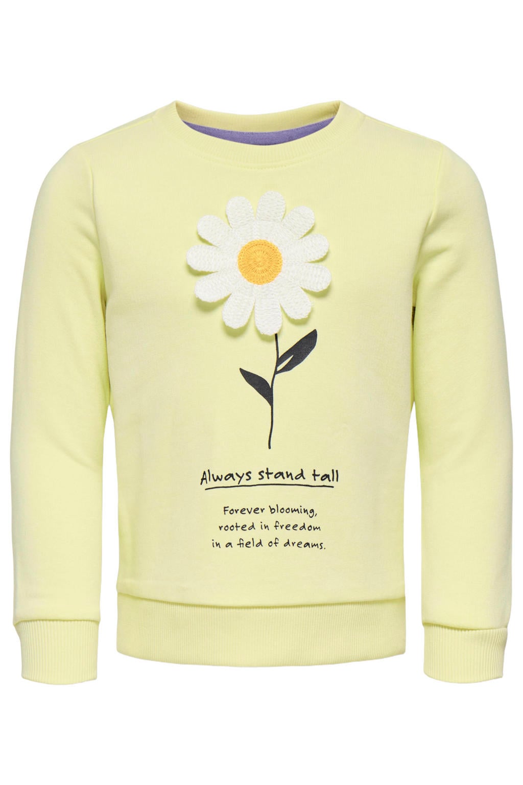 Gele meisjes KIDS ONLY MINI sweater met printopdruk, lange mouwen, ronde hals en geribde boorden