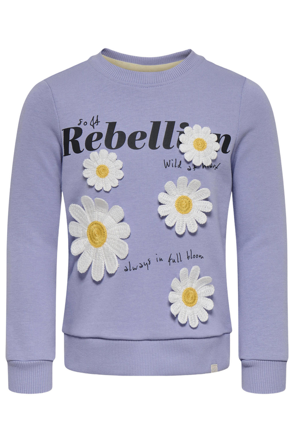 Lilakleurige meisjes KIDS ONLY MINI sweater met printopdruk, lange mouwen, ronde hals en geribde boorden