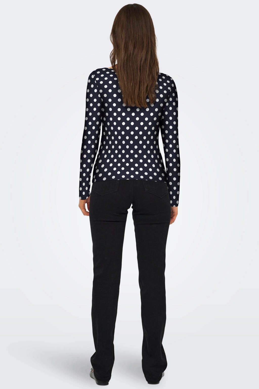 Donkerblauw en witte dames ONLY top met stippenprint, lange mouwen en boothals
