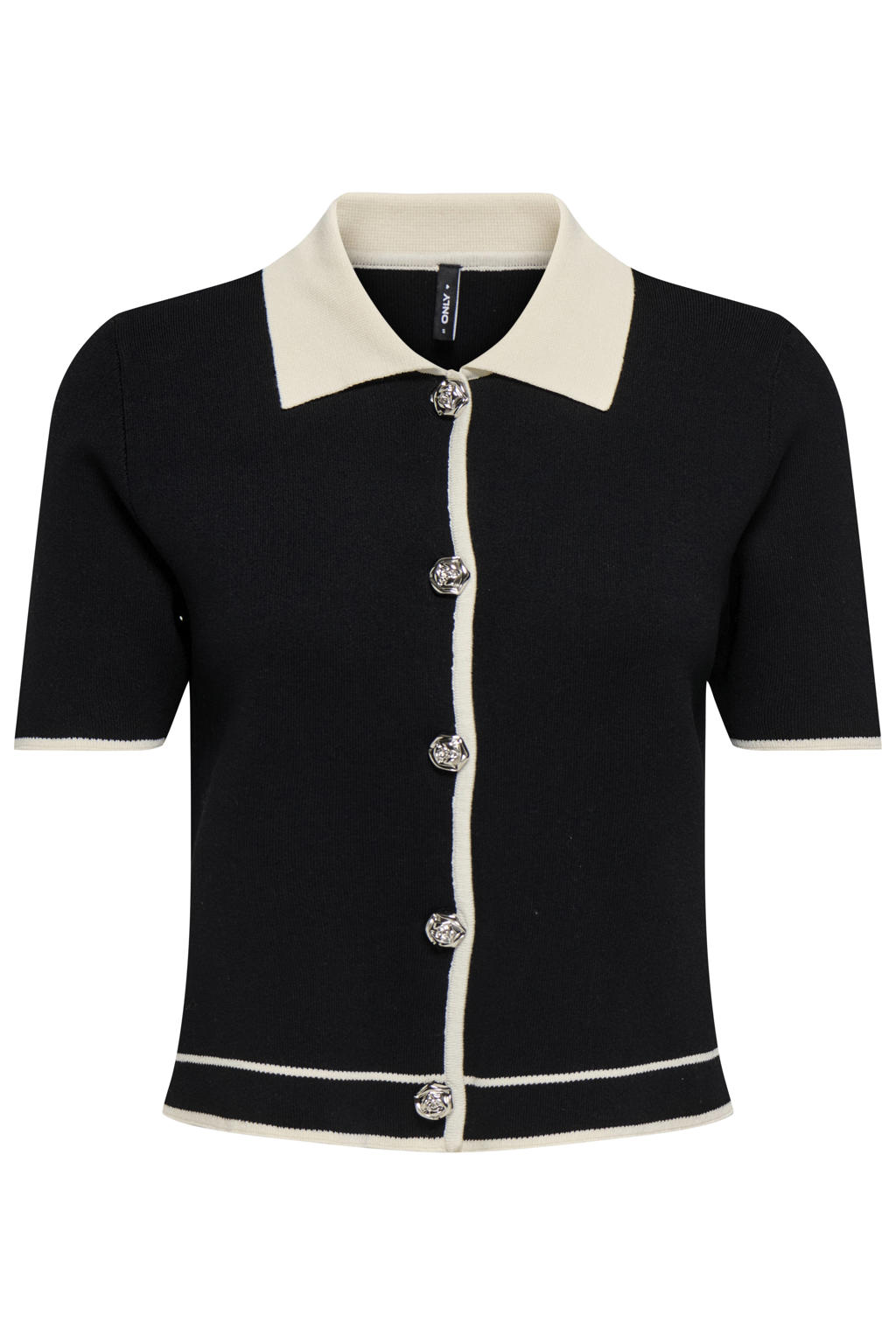 Zwarte dames ONLY top gebreid van viscose met effen, korte mouwen en polo kraag