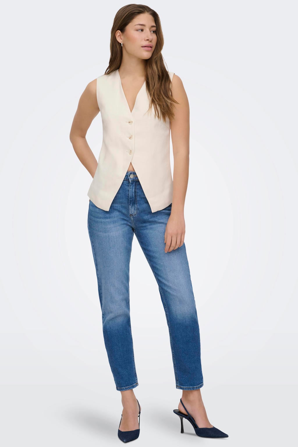 Crème dames ONLY getailleerde blazer crème van viscose met effen, reverskraag, knoopsluiting en geweven detail