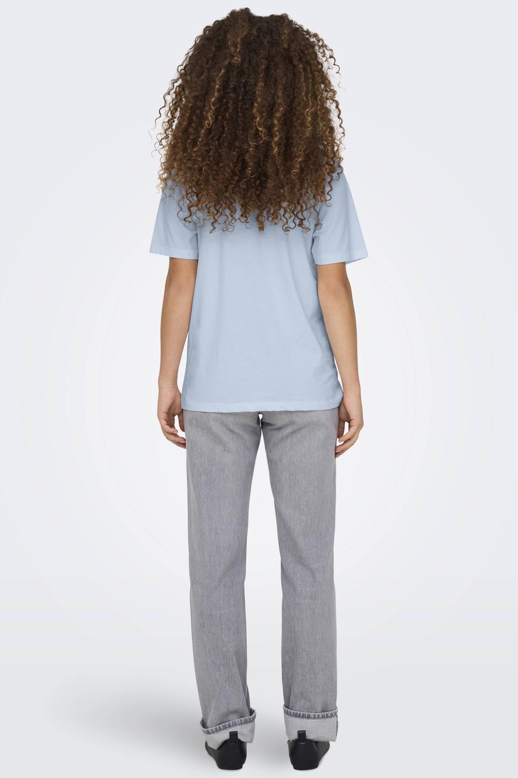 Lichtblauw en roze dames ONLY T-shirt van katoen met printopdruk, korte mouwen, ronde hals en pailletten