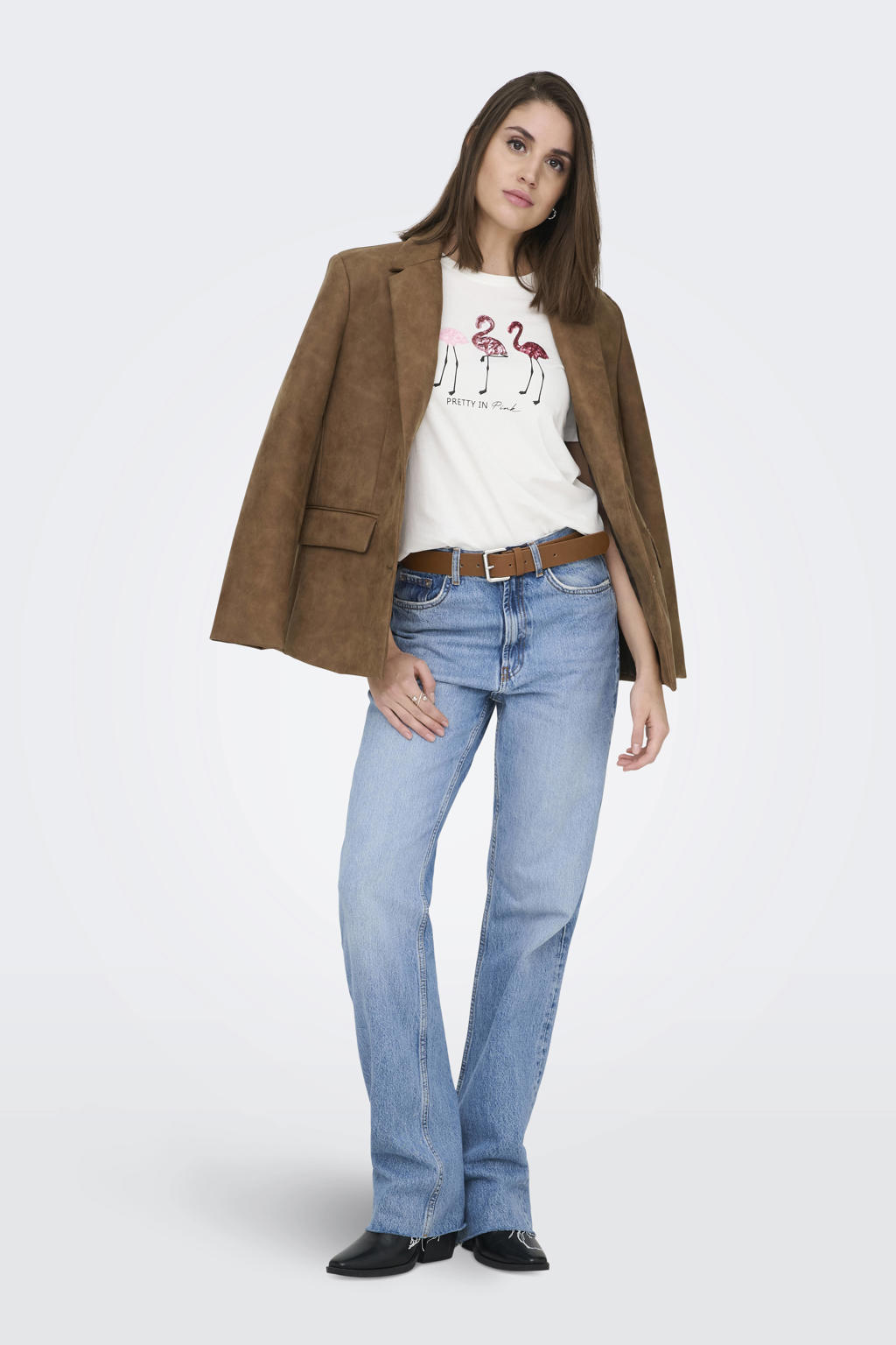 Ecru dames ONLY T-shirt van katoen met printopdruk, korte mouwen, ronde hals en pailletten